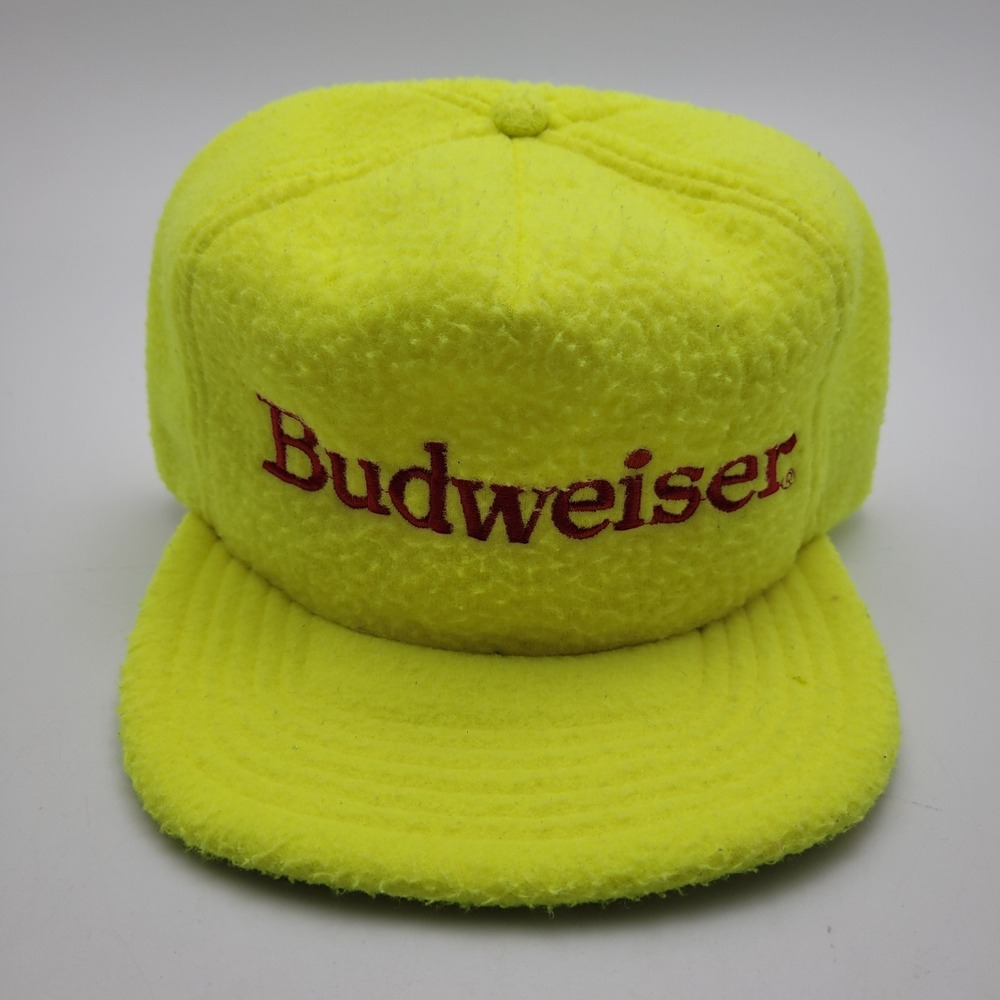 Vintage 90's Bud Light Fleece SnapBack Hat Cap USA Budweiser Beer Neon Yellow